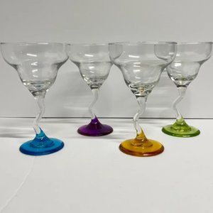 Vintage Libbey set of 4 Cocktail Margarita Glasses colorful  zigzag stem base